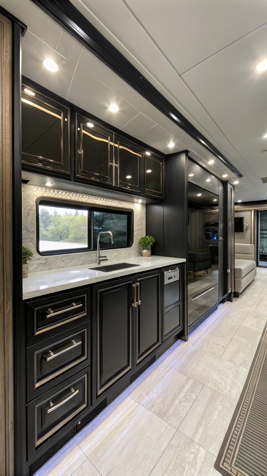 Sleek RV with black cabinets and mirror backsplash