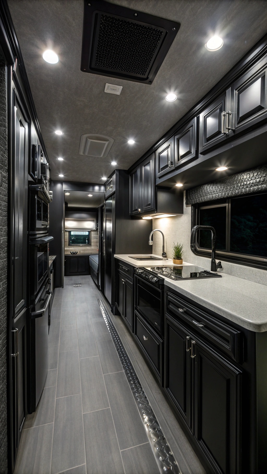 Dramatic all-black RV interior