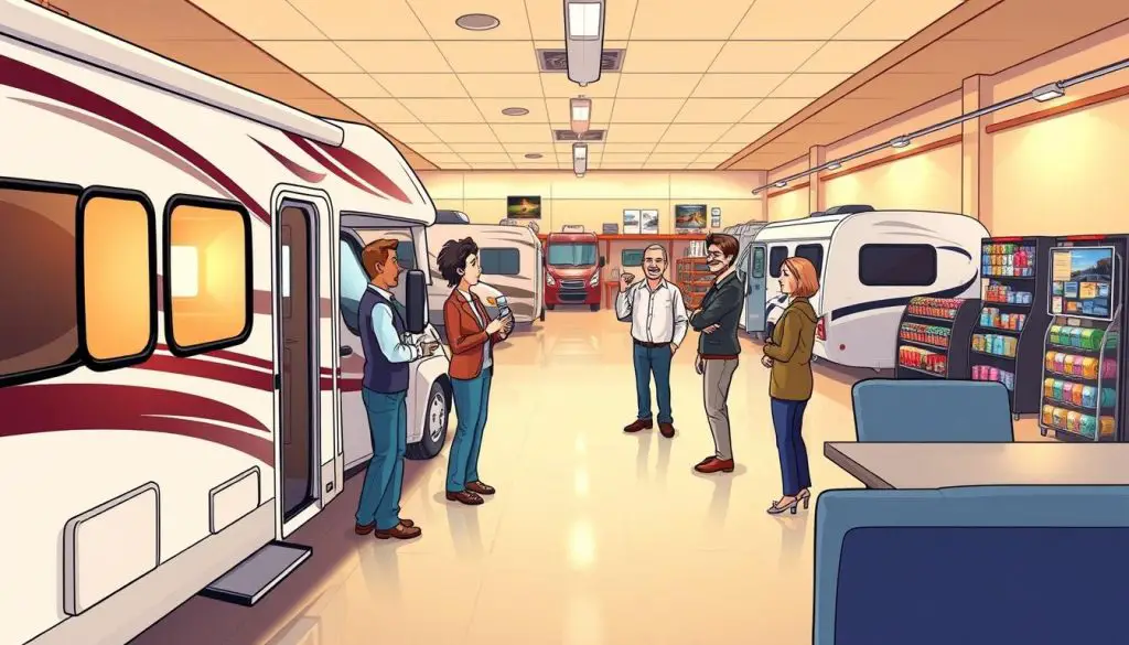 A modern, well-lit interior of an RV dealership showroom. In the foreground, a mid-size Class C motorhome is prominently displayed, its sleek exterior and spacious interior visible through large windows. In the middle ground, a salesperson gestures animatedly, explaining the financing options to a couple intently listening. The background features various RV models, shelves of accessories, and a few potential customers browsing the selection. Warm, inviting lighting casts a gentle glow, creating a sense of comfort and professionalism. The overall atmosphere conveys the step-by-step RV financing process, from selection to securing a loan. A modern, well-lit interior of an RV dealership showroom. In the foreground, a mid-size Class C motorhome is prominently displayed, its sleek exterior and spacious interior visible through large windows. In the middle ground, a salesperson gestures animatedly, explaining the financing options to a couple intently listening. The background features various RV models, shelves of accessories, and a few potential customers browsing the selection. Warm, inviting lighting casts a gentle glow, creating a sense of comfort and professionalism. The overall atmosphere conveys the step-by-step RV financing process, from selection to securing a loan.