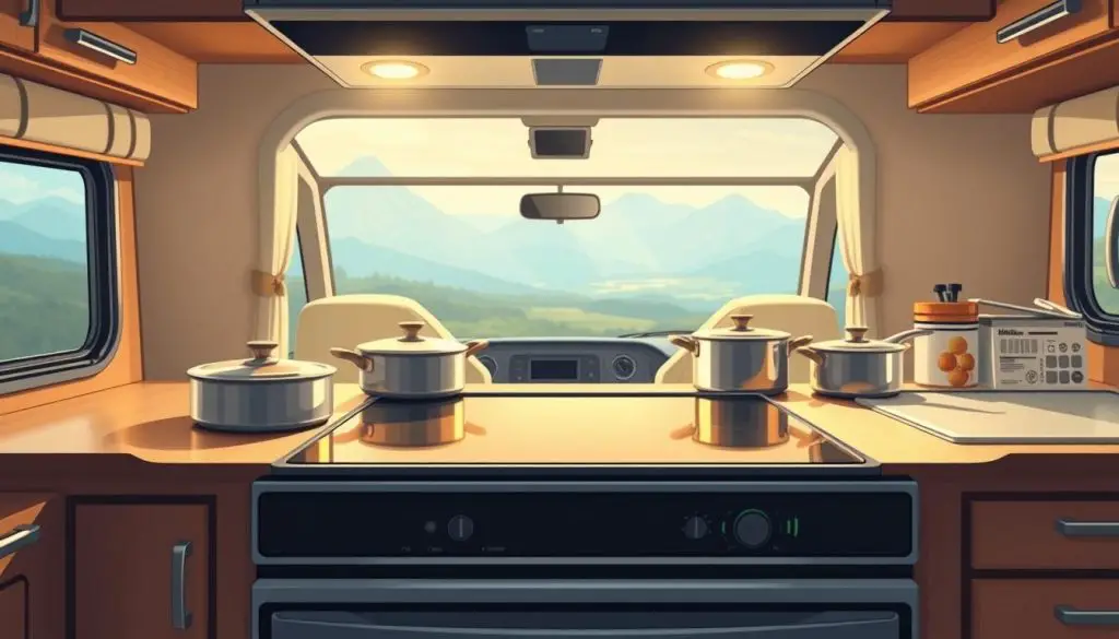 A sleek, modern electric stove set against the rustic interior of a cozy RV kitchen. The stovetop gleams under soft, warm lighting, casting a comforting glow over the surrounding countertops and cabinets. Pots and pans sit ready, hinting at delicious meals to come. In the background, the RV's windows frame a scenic landscape, providing a picturesque backdrop for this functional yet charming cooking setup. The composition captures the harmonious blend of modern appliance and traditional RV living, inviting the viewer to envision the possibilities of preparing a meal in the comfort of their mobile home. A sleek, modern electric stove set against the rustic interior of a cozy RV kitchen. The stovetop gleams under soft, warm lighting, casting a comforting glow over the surrounding countertops and cabinets. Pots and pans sit ready, hinting at delicious meals to come. In the background, the RV's windows frame a scenic landscape, providing a picturesque backdrop for this functional yet charming cooking setup. The composition captures the harmonious blend of modern appliance and traditional RV living, inviting the viewer to envision the possibilities of preparing a meal in the comfort of their mobile home.