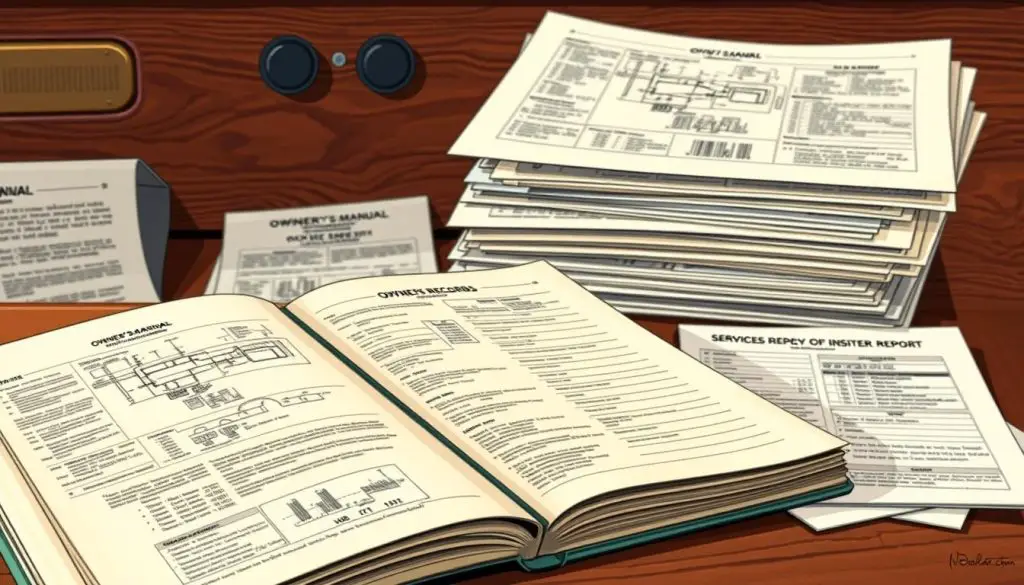 A well-lit, detailed image of a vintage RV owner's manual and various automotive documentation, including repair records, service history, and vehicle registration information. The foreground features an open RV owner's manual revealing pages of technical schematics and maintenance logs. In the middle ground, a stack of neatly organized folders and papers containing detailed RV service and inspection reports. The background depicts a richly textured wooden surface, evoking the classic aesthetic of an RV dashboard or interior. The overall scene conveys a sense of comprehensive, reliable data sources for researching an RV's history and condition. A well-lit, detailed image of a vintage RV owner's manual and various automotive documentation, including repair records, service history, and vehicle registration information. The foreground features an open RV owner's manual revealing pages of technical schematics and maintenance logs. In the middle ground, a stack of neatly organized folders and papers containing detailed RV service and inspection reports. The background depicts a richly textured wooden surface, evoking the classic aesthetic of an RV dashboard or interior. The overall scene conveys a sense of comprehensive, reliable data sources for researching an RV's history and condition.