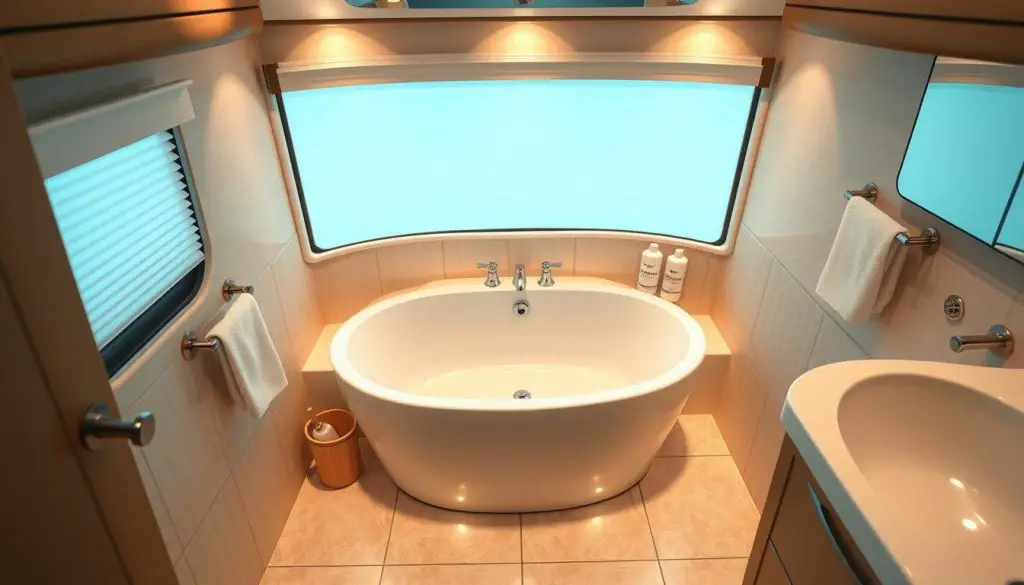 A well-lit, high-angle view of a modern RV bathroom, featuring a prominent, luxurious bathtub as the central focus. The tub is made of gleaming porcelain or acrylic, with chrome fixtures and neatly arranged toiletries nearby. The bathroom is spacious, with a clean, minimalist design and warm, diffused lighting that creates a relaxing, spa-like atmosphere. The walls are tiled or paneled in a neutral color scheme, and the floor is covered in sleek, easy-to-clean flooring. The overall impression should convey the comfort and amenities of an RV with a premium bathing experience. A well-lit, high-angle view of a modern RV bathroom, featuring a prominent, luxurious bathtub as the central focus. The tub is made of gleaming porcelain or acrylic, with chrome fixtures and neatly arranged toiletries nearby. The bathroom is spacious, with a clean, minimalist design and warm, diffused lighting that creates a relaxing, spa-like atmosphere. The walls are tiled or paneled in a neutral color scheme, and the floor is covered in sleek, easy-to-clean flooring. The overall impression should convey the comfort and amenities of an RV with a premium bathing experience.