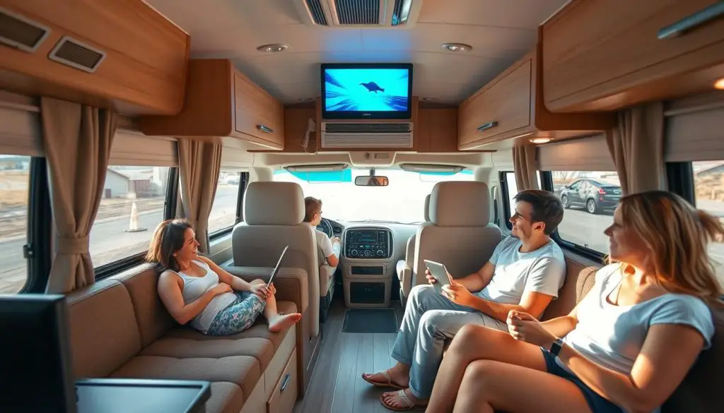 Family traveling in RV using powered appliances while driving Family traveling in RV using powered appliances while driving