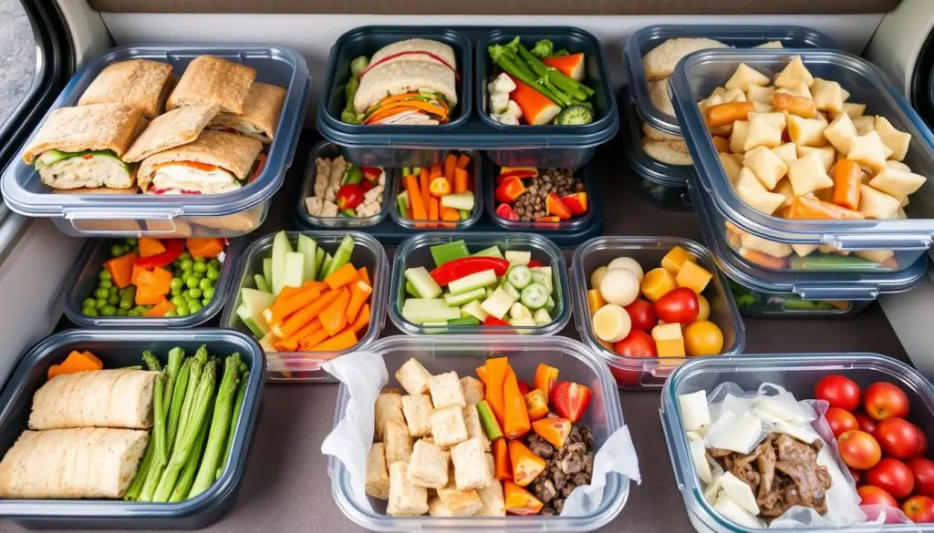Meal prep containers with road-friendly foods for RV travel Meal prep containers with road-friendly foods for RV travel