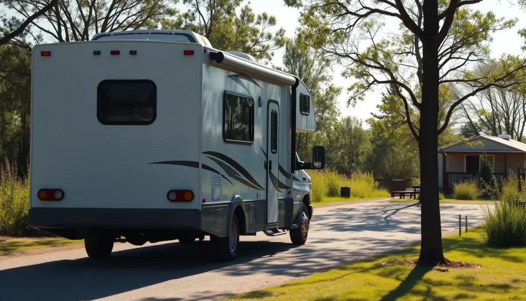 RV arriving at campsite with interior already cooled by generator RV arriving at campsite with interior already cooled by generator