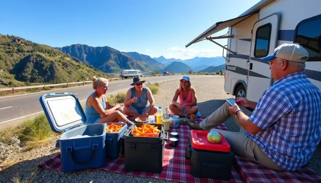 RV travelers enjoying a roadside picnic with pre-prepared food RV travelers enjoying a roadside picnic with pre-prepared food