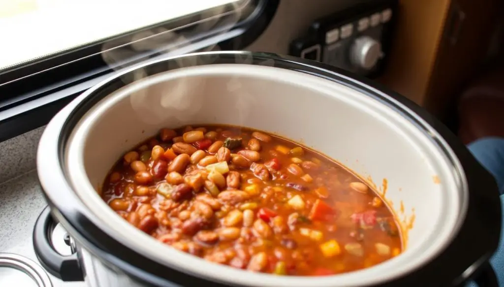 Slow cooker chili being prepared in a moving RV Slow cooker chili being prepared in a moving RV
