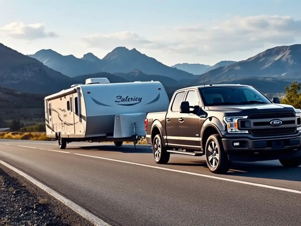 Travel trailer being towed by a pickup truck on a scenic road Travel trailer being towed by a pickup truck on a scenic road