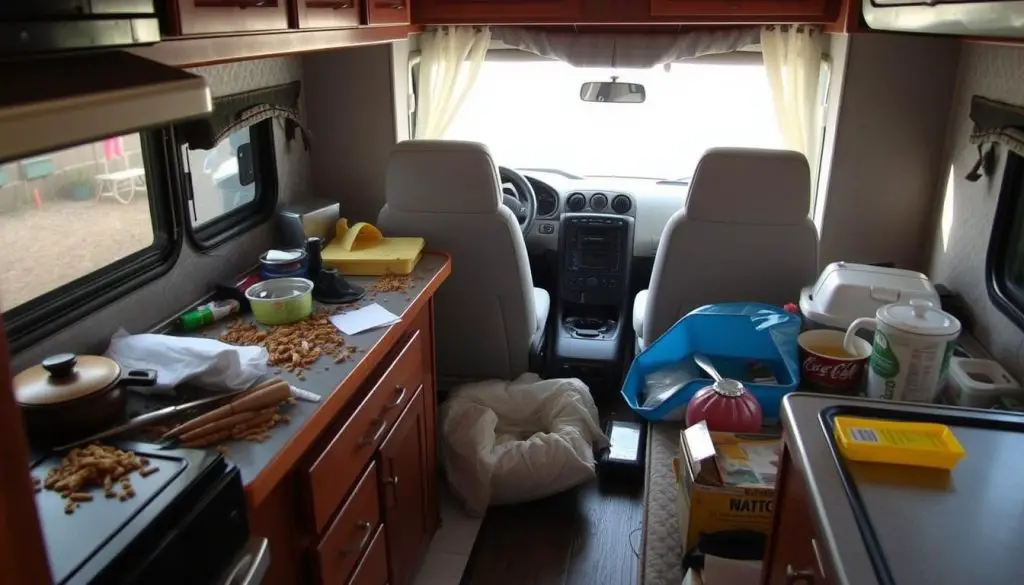 Unsecured items creating a mess in an RV kitchen after sudden braking Unsecured items creating a mess in an RV kitchen after sudden braking