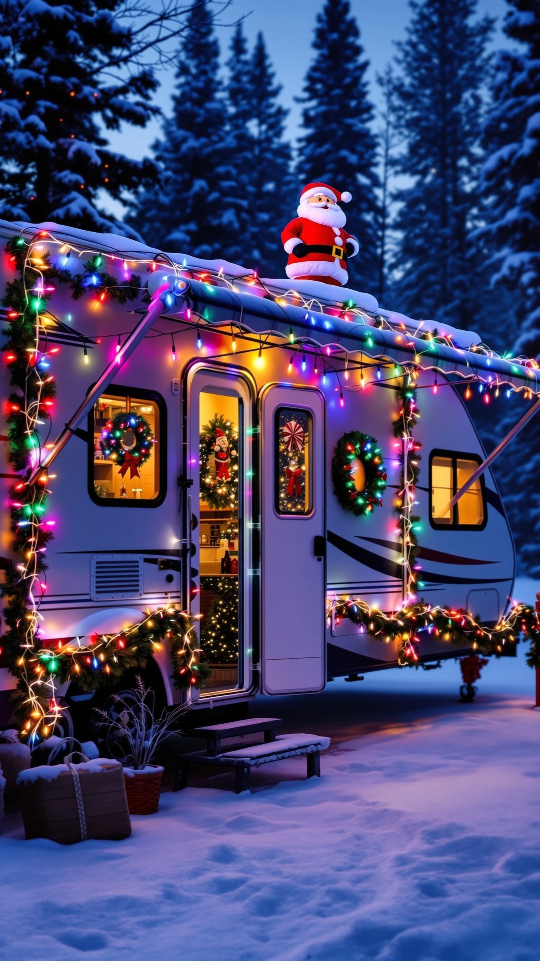 Christmas decorated RV exterior with colorful string lights