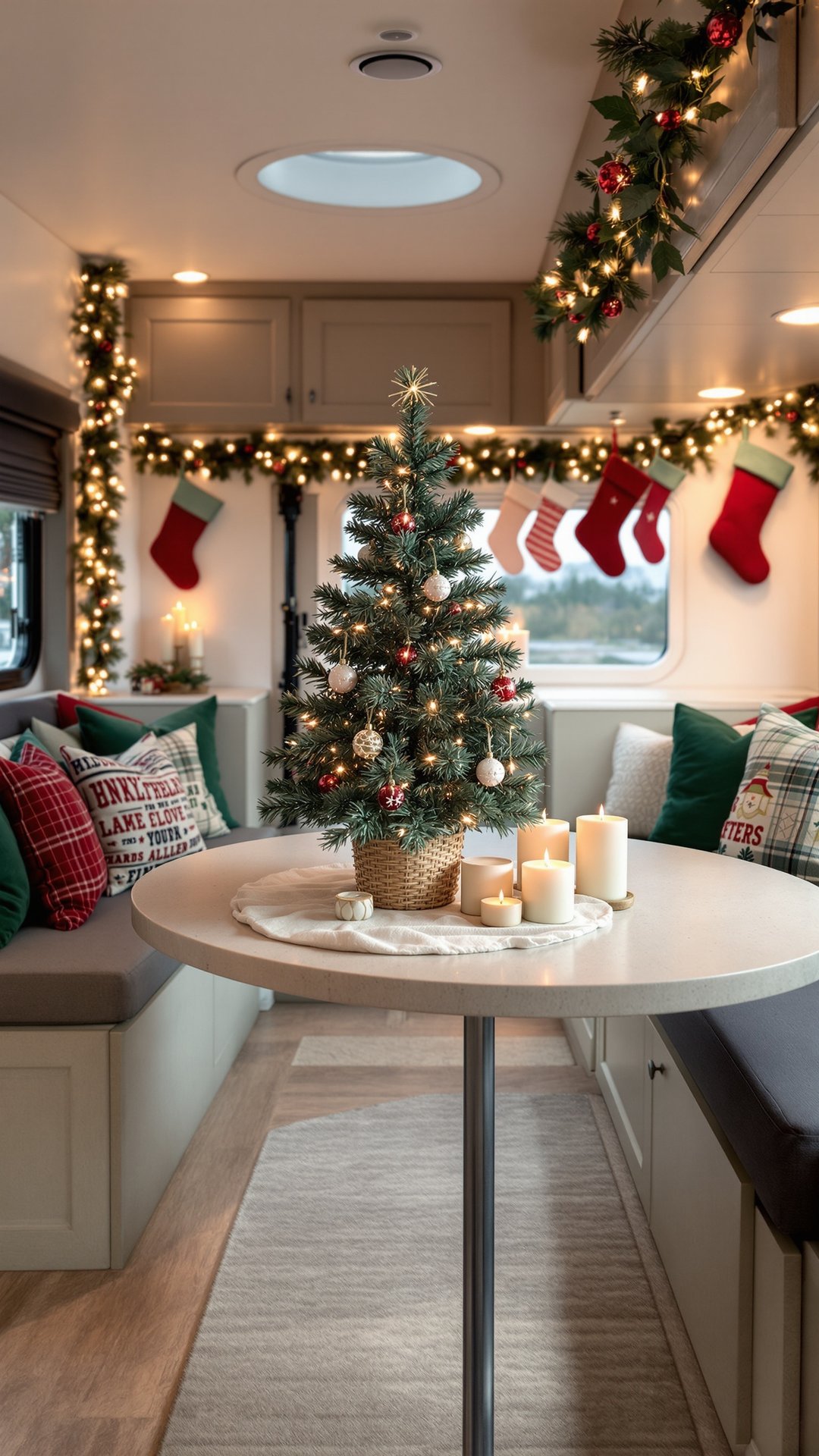 RV interior with miniature Christmas tree and festive decor