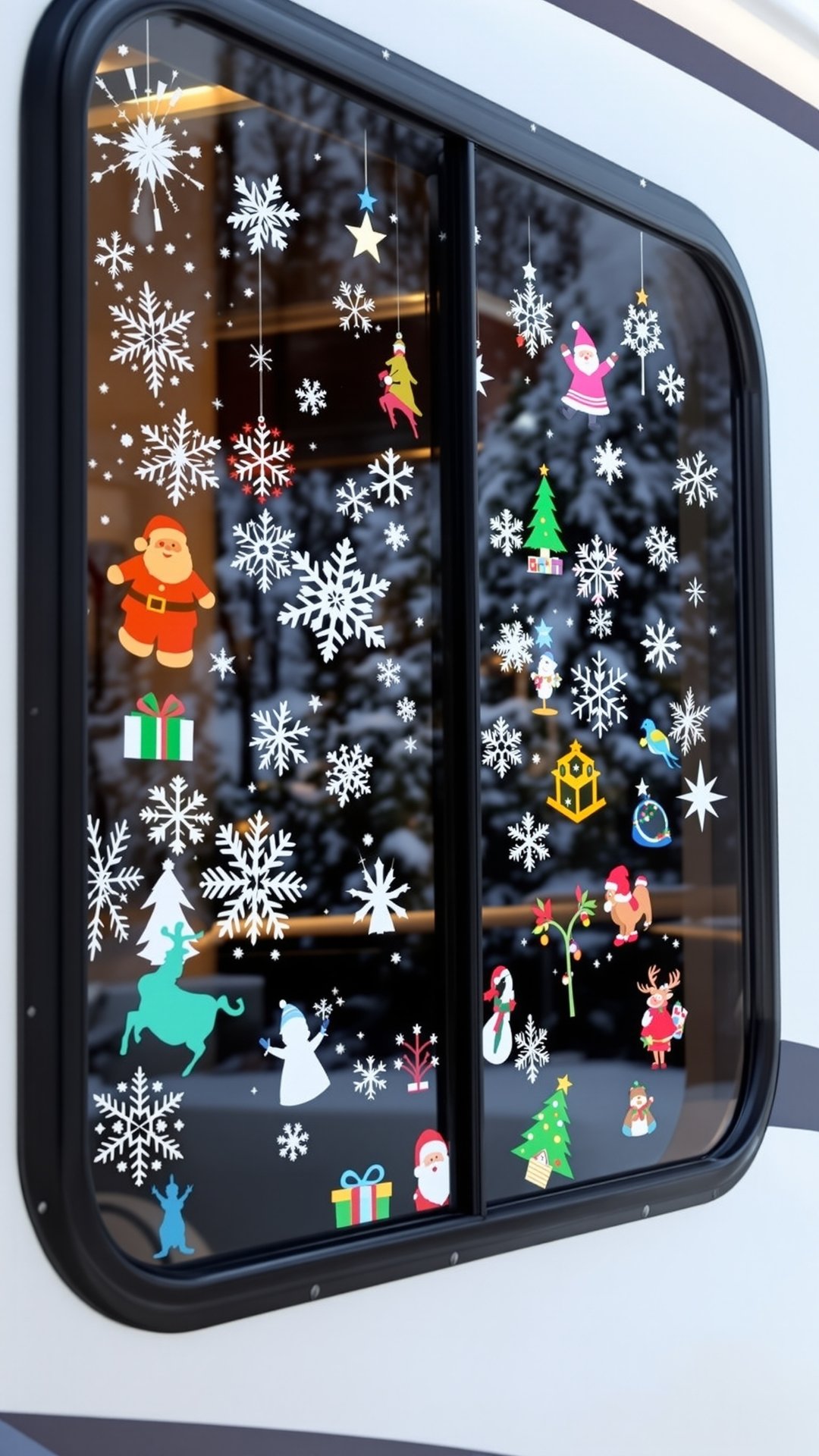 RV windows decorated with Christmas clings and snowflake decals
