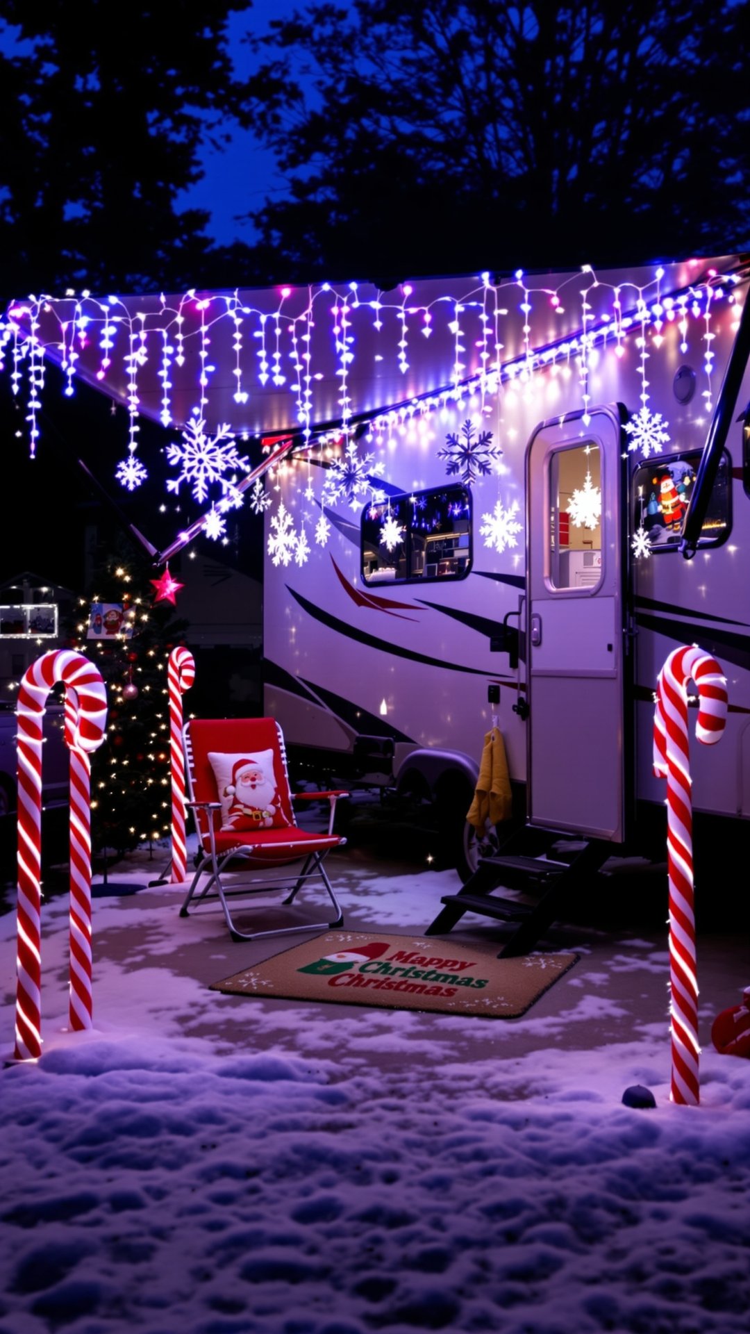 RV awning decorated with icicle lights and candy cane poles
