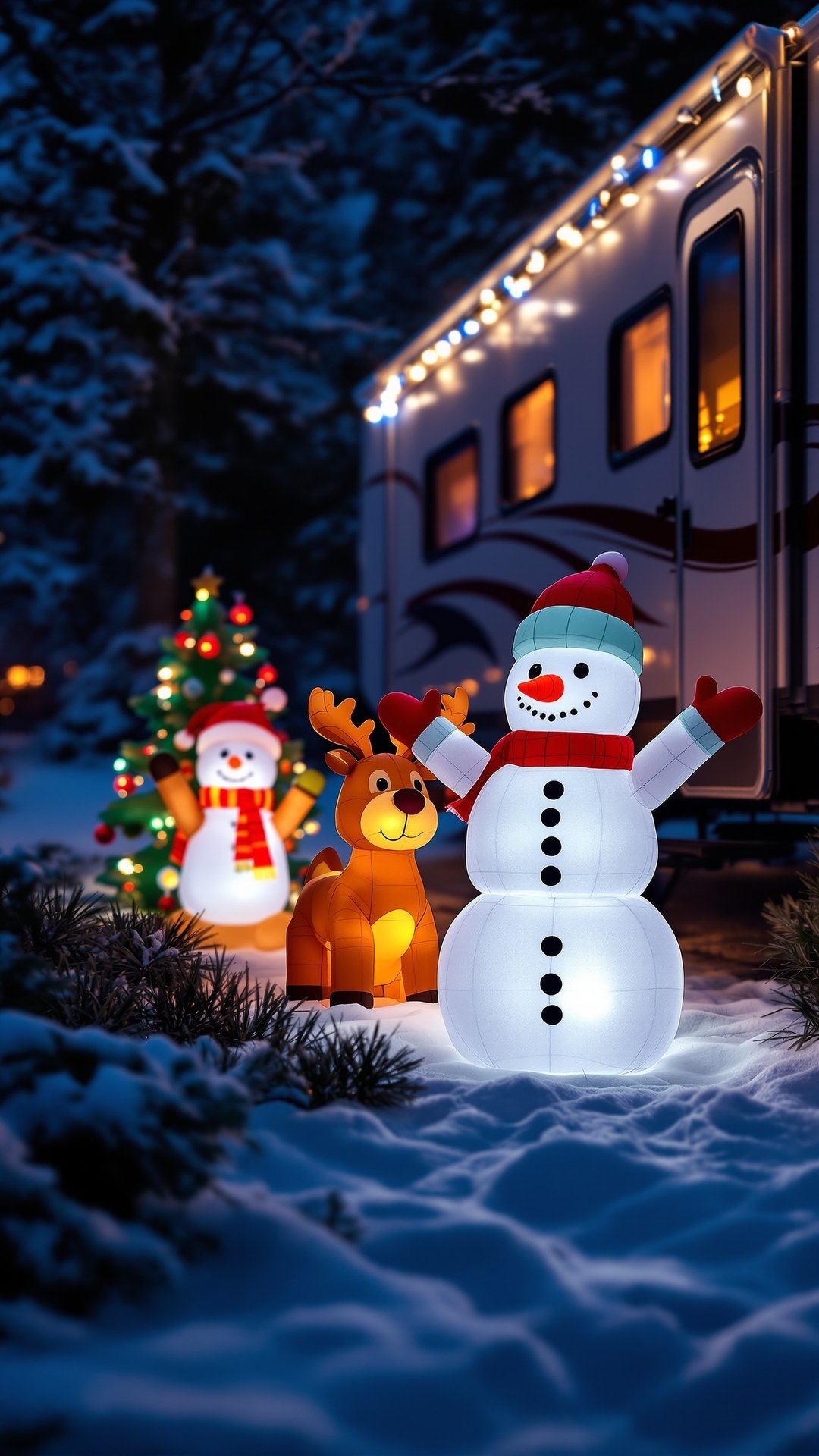 Outdoor Christmas inflatable decorations next to RV at night