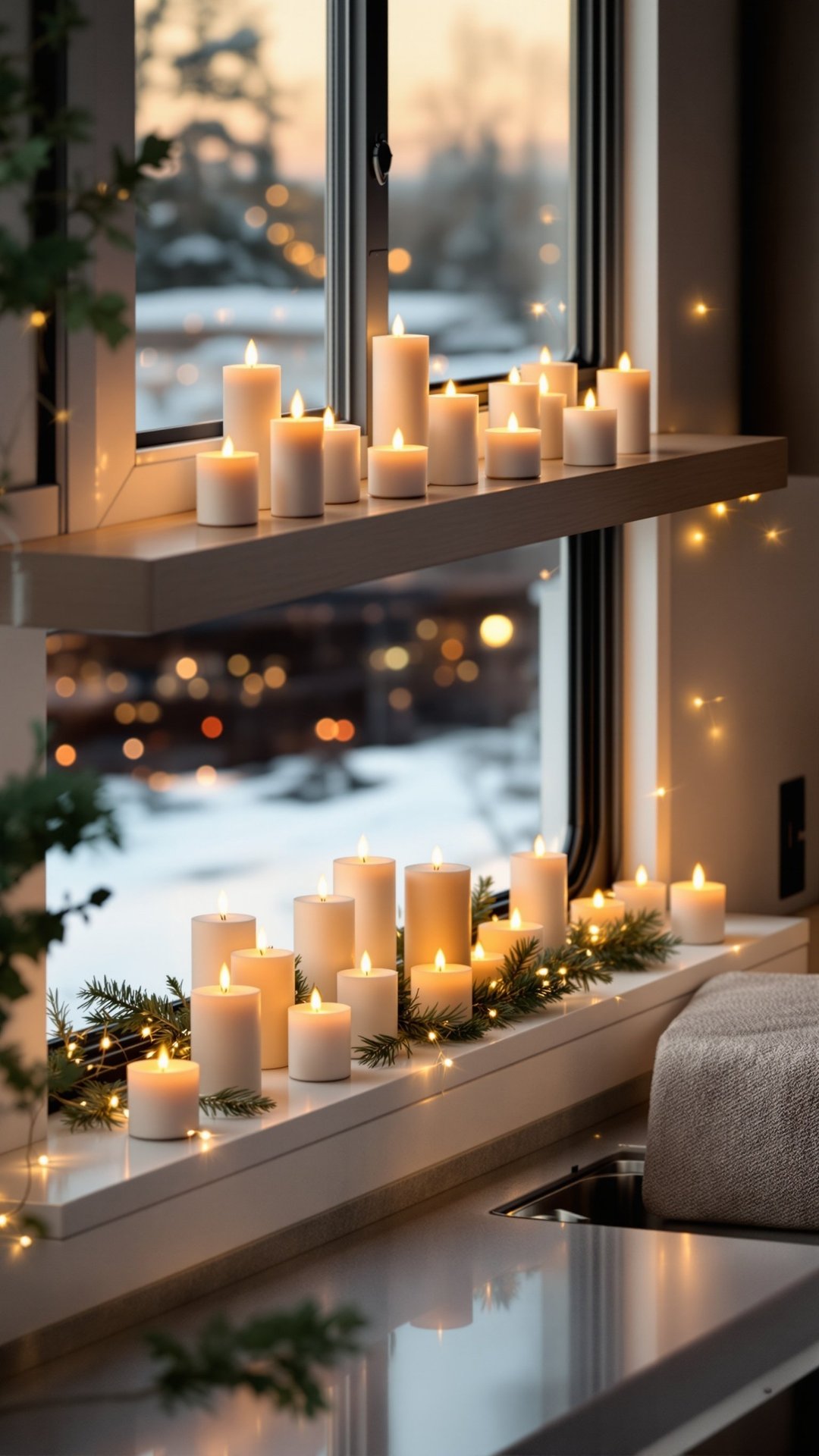 Battery operated LED candles on RV windowsills creating warm ambiance