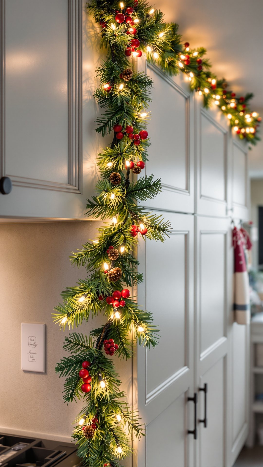 Christmas garland with battery lights draped along RV cabinets
