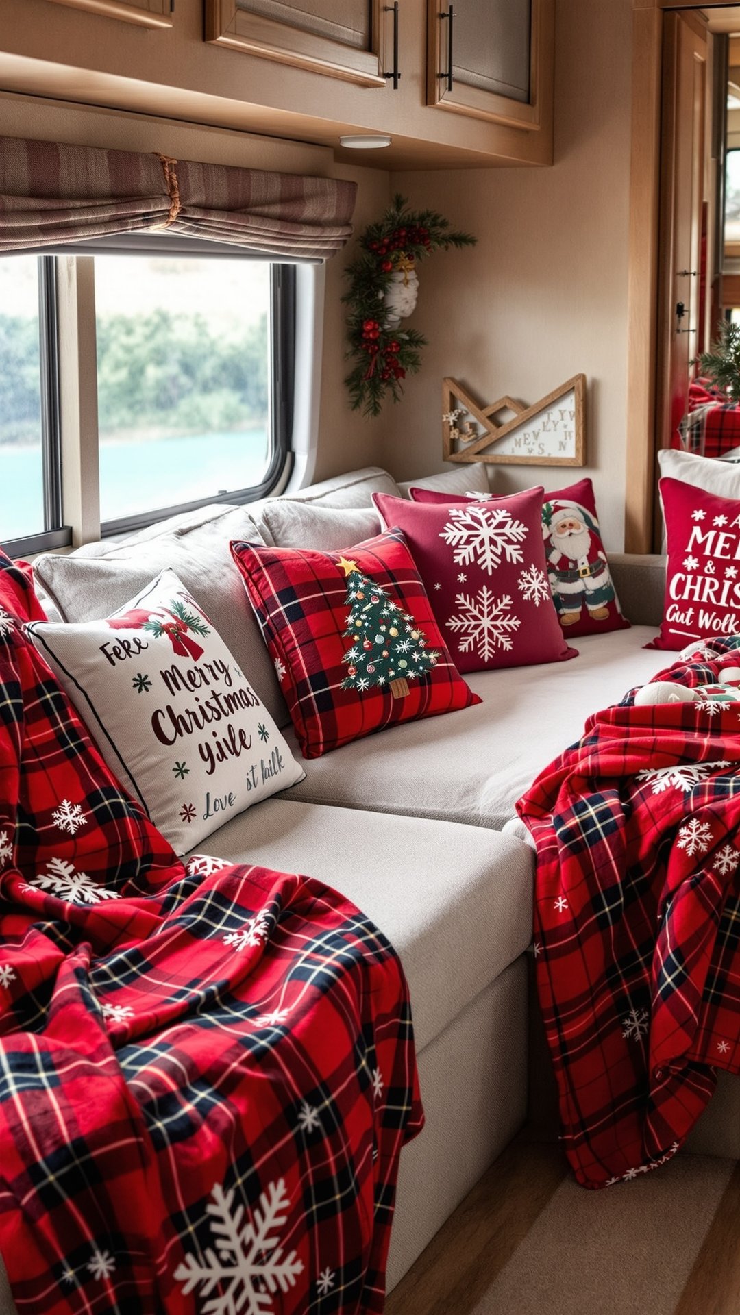 Christmas throw pillows and blankets on RV sofa