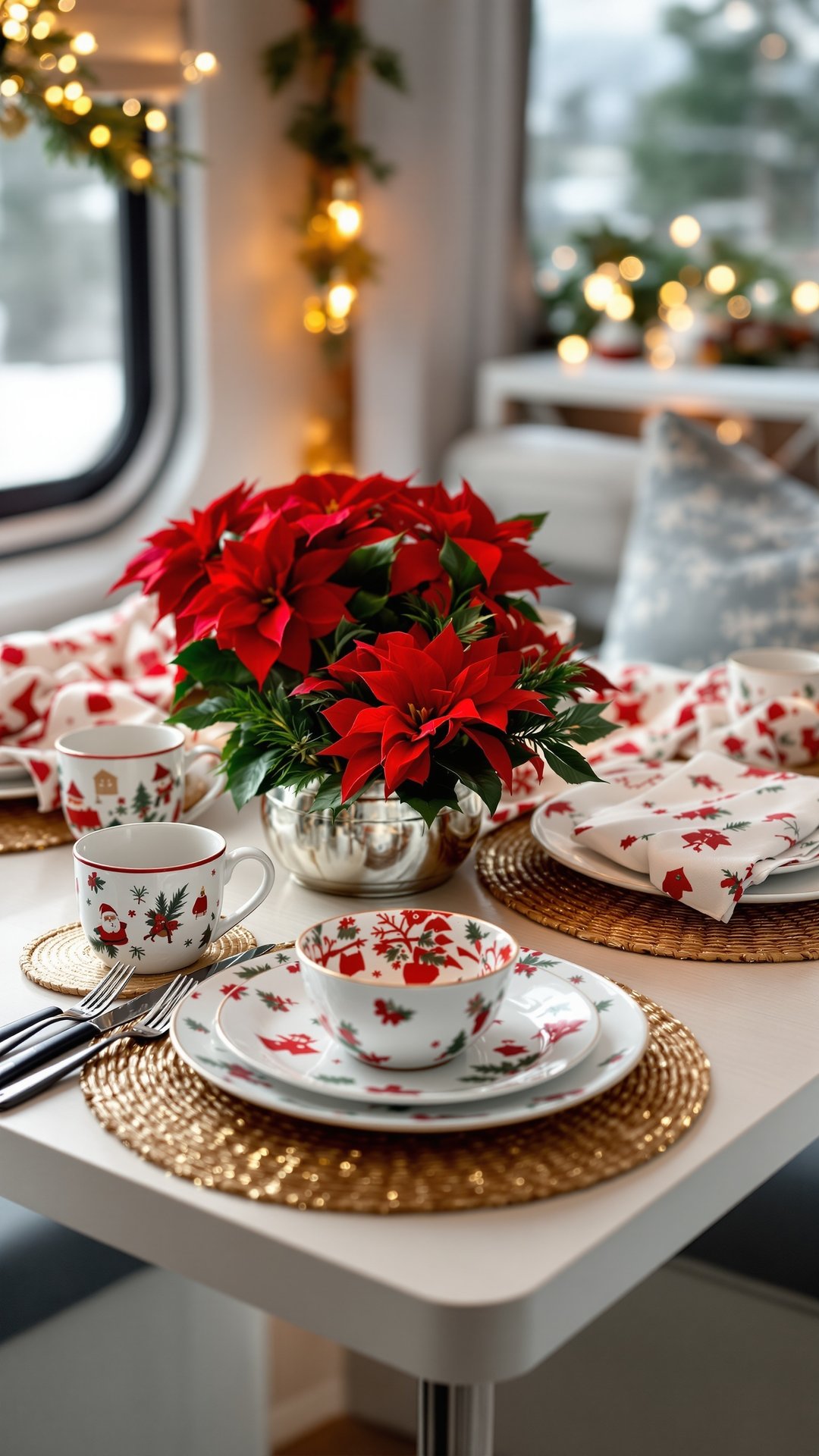 Christmas themed dinnerware and table settings on RV dining table