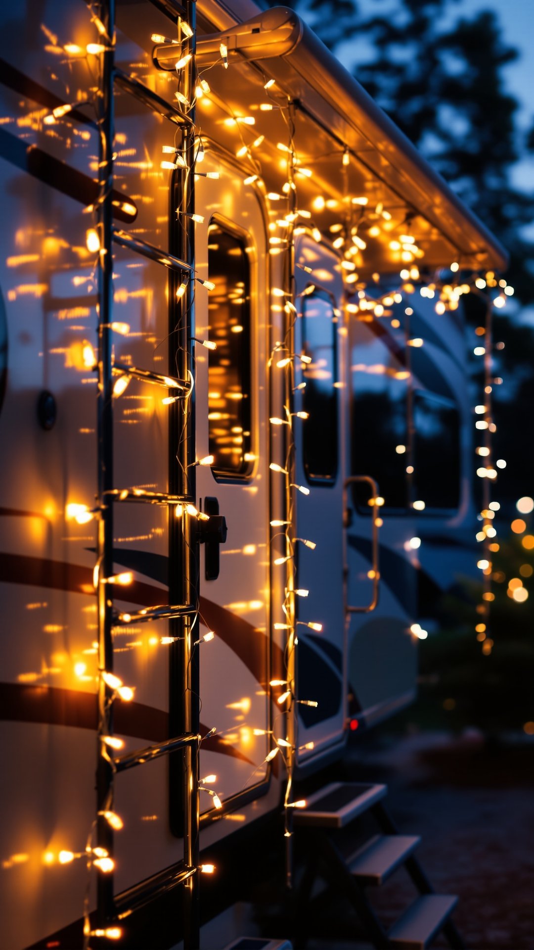 Solar powered Christmas lights on RV exterior
