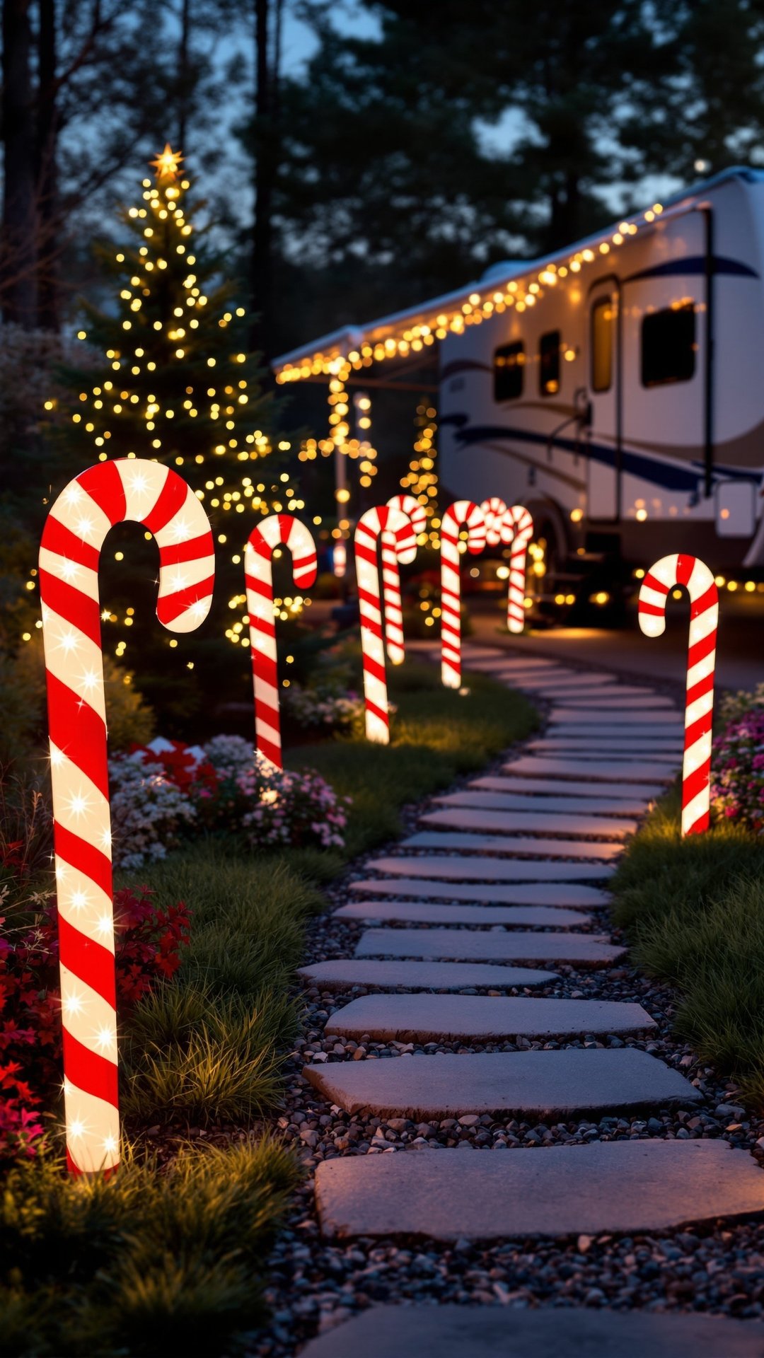 Lighted Christmas pathway stakes leading to RV