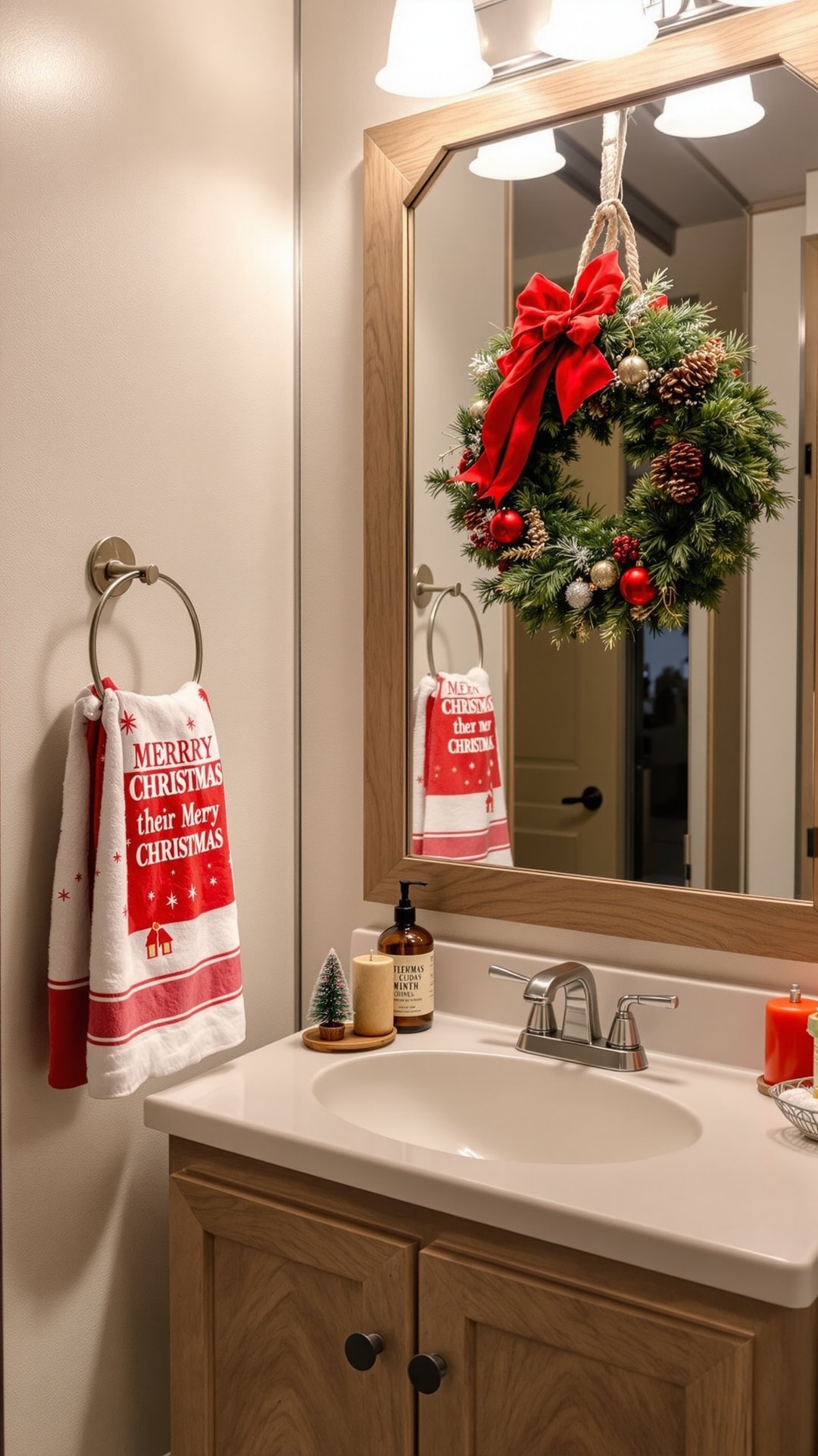Christmas themed RV bathroom with festive towels and decorations