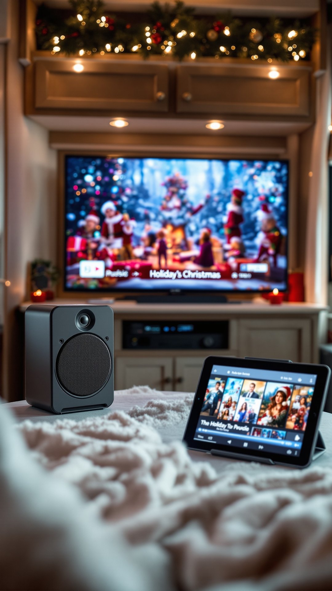 Christmas music setup with Bluetooth speaker in RV