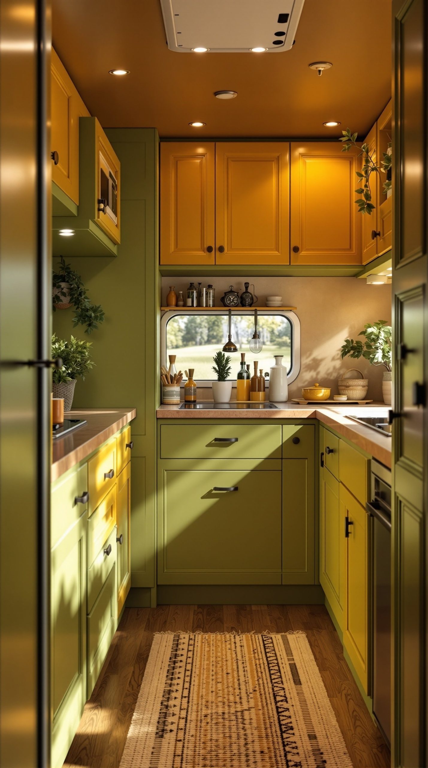 Olive Green and Mustard Yellow Retro RV Interior