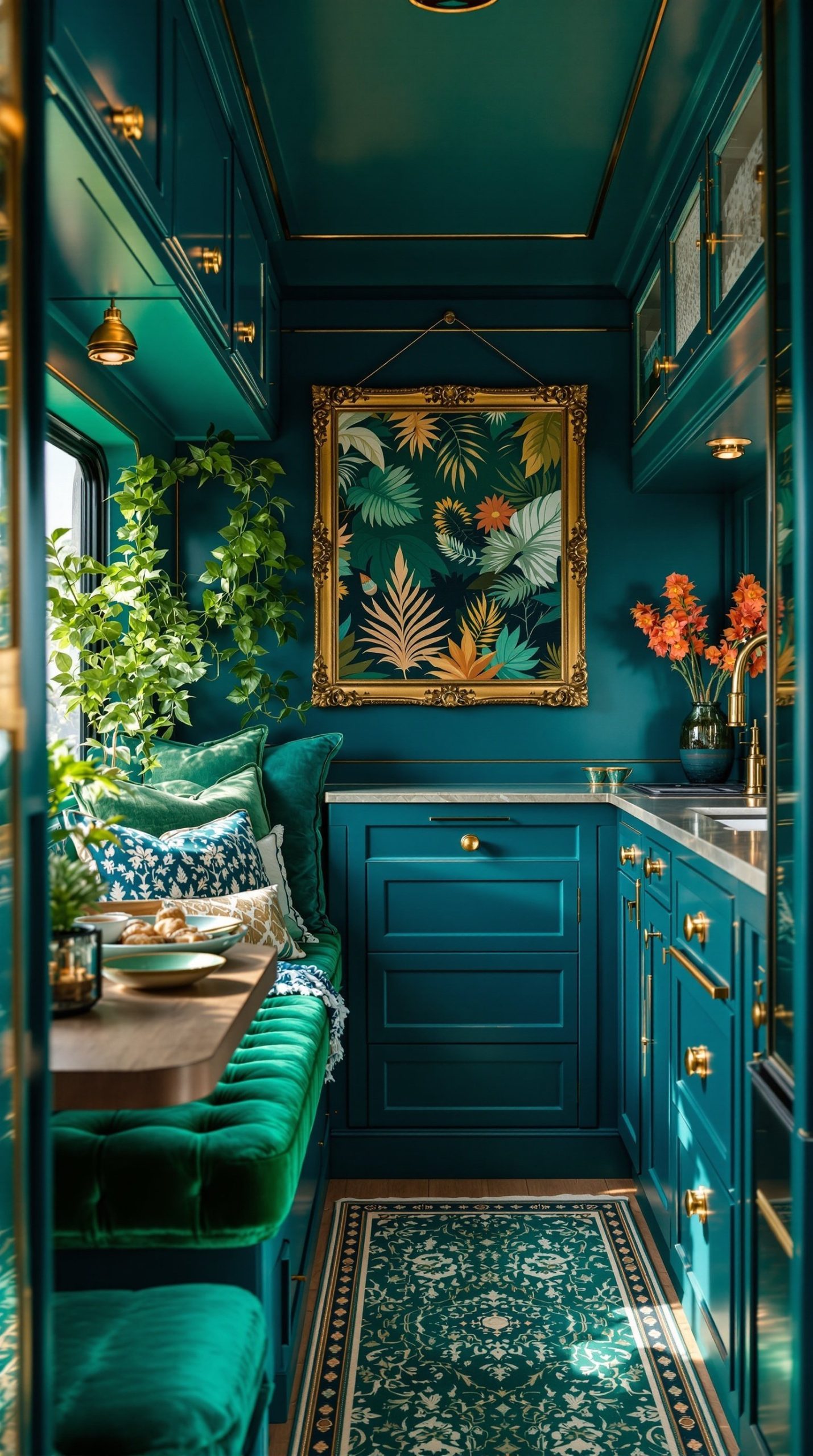 Peacock Blue and Emerald Green Jewel Tones RV Interior