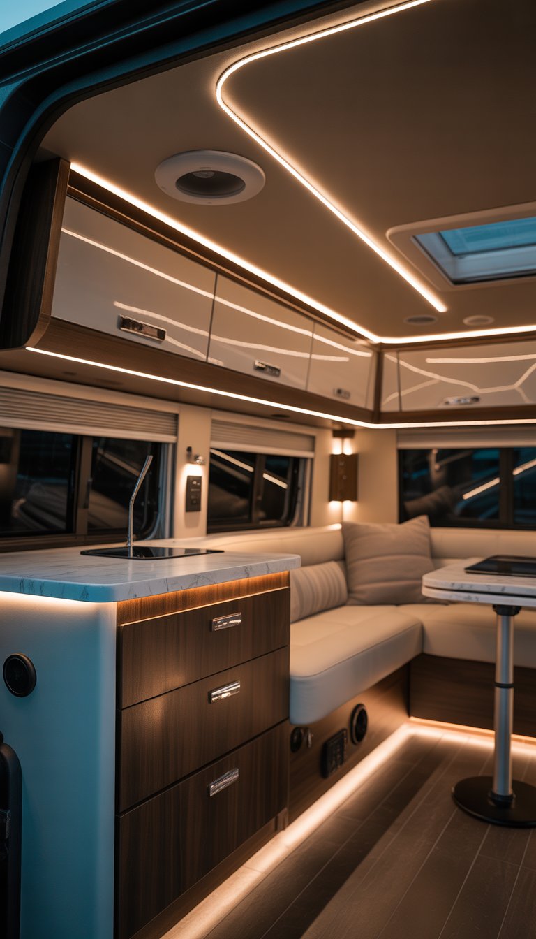 Interior of a luxurious RV with LED strip lights installed along the ceiling and under cabinets, creating a warm and cozy atmosphere.