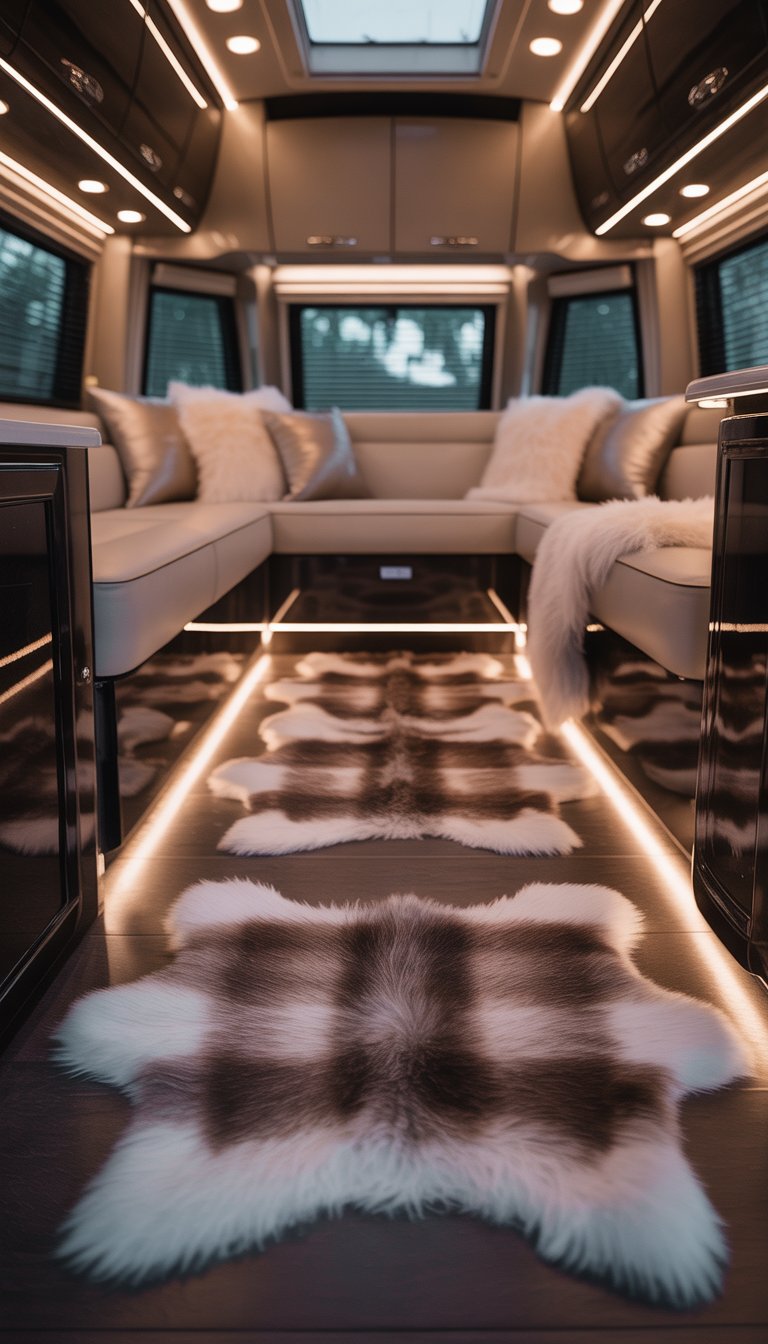 Interior of a luxurious RV with faux fur rugs on the floor, plush seating, and soft lighting creating a warm and inviting atmosphere.