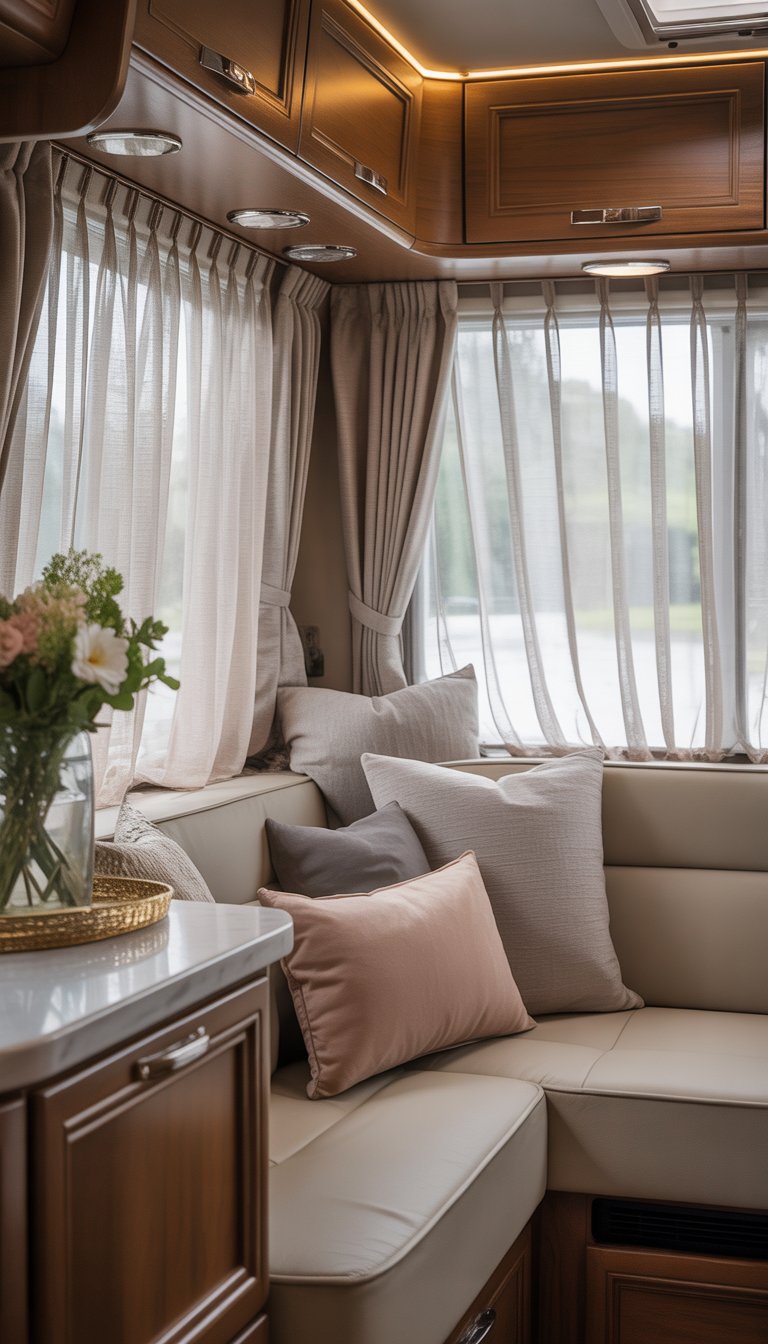 Interior of a luxurious RV with large windows covered by sheer curtains letting in soft natural light, showing comfortable seating and elegant decor.
