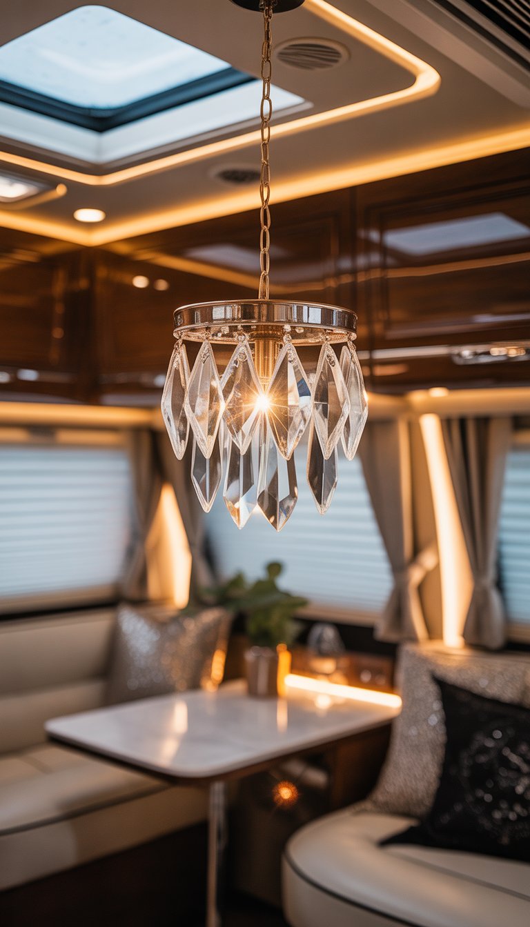 Interior of a luxurious RV with a crystal chandelier pendant light hanging above a comfortable seating area.