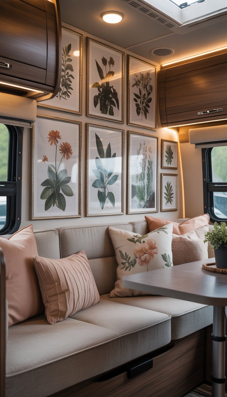Interior of an RV with elegant framed botanical art prints hanging on the walls above a comfortable seating area.