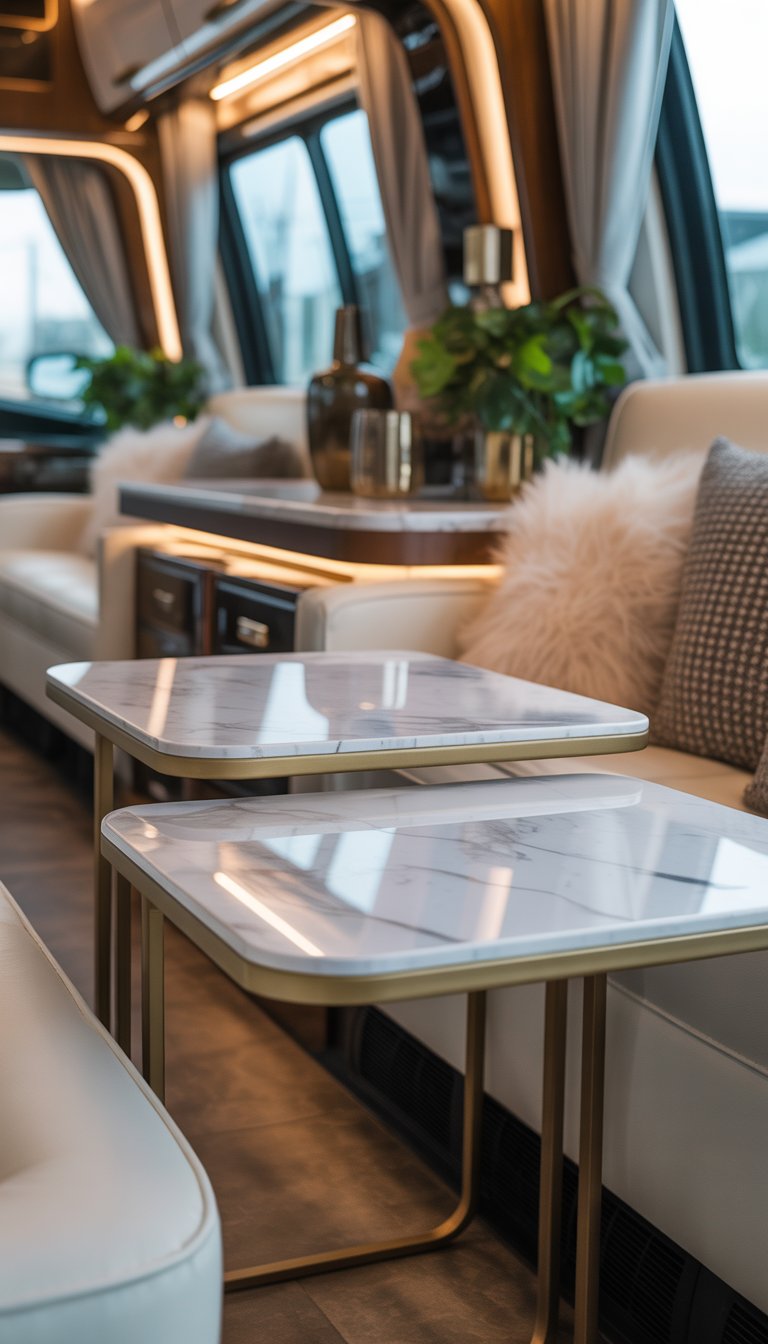 Two marble top side tables inside a luxurious RV living area with comfortable seating and natural light.