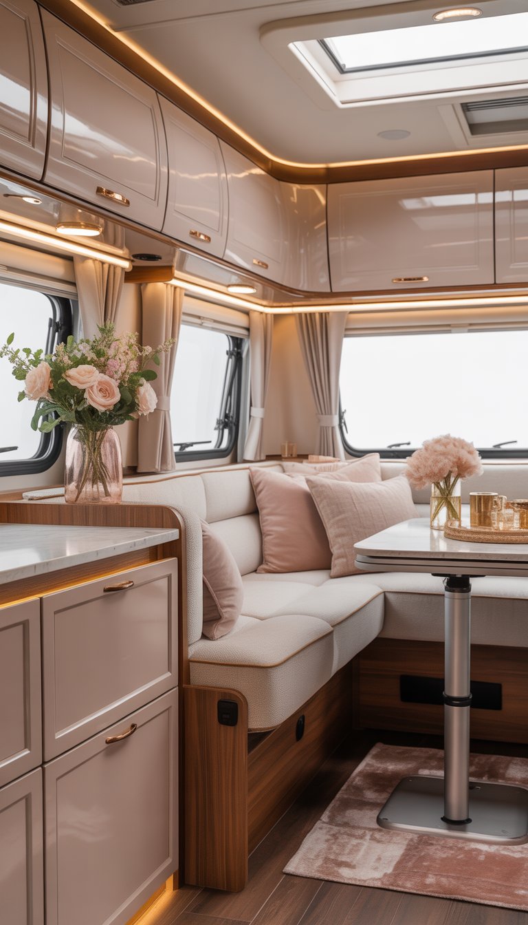 Interior of a luxury RV living area with soft blush and cream walls, comfortable seating, and natural light coming through large windows.