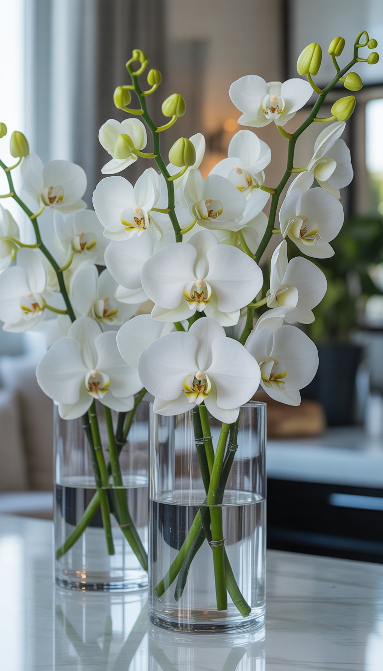Fresh white orchids arranged in clear glass vases on a polished surface with soft natural light.