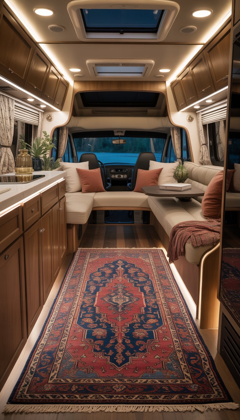 Interior of a well-decorated RV featuring a vintage Persian rug on the floor with comfortable seating and warm lighting.