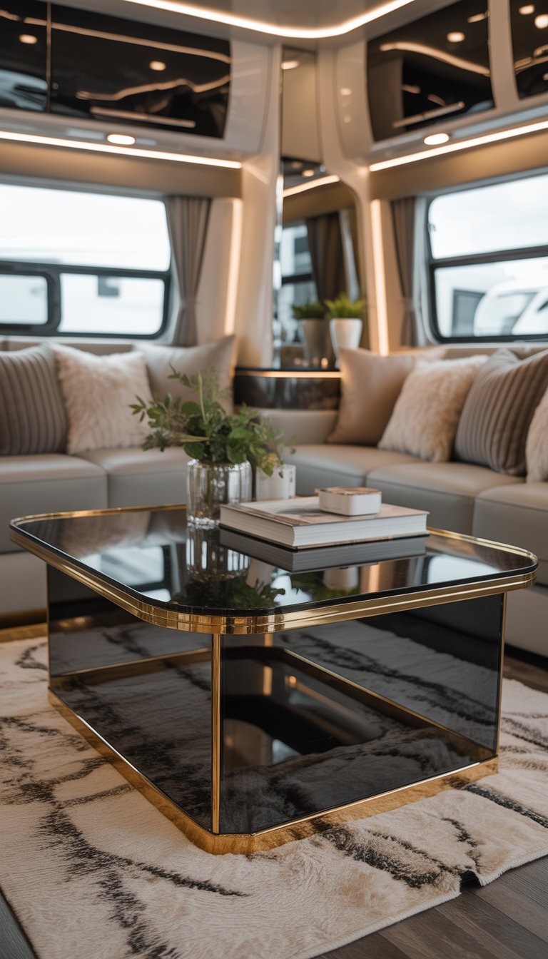 A stylish RV living area with a glass coffee table with gold trim surrounded by comfortable seating and natural light.