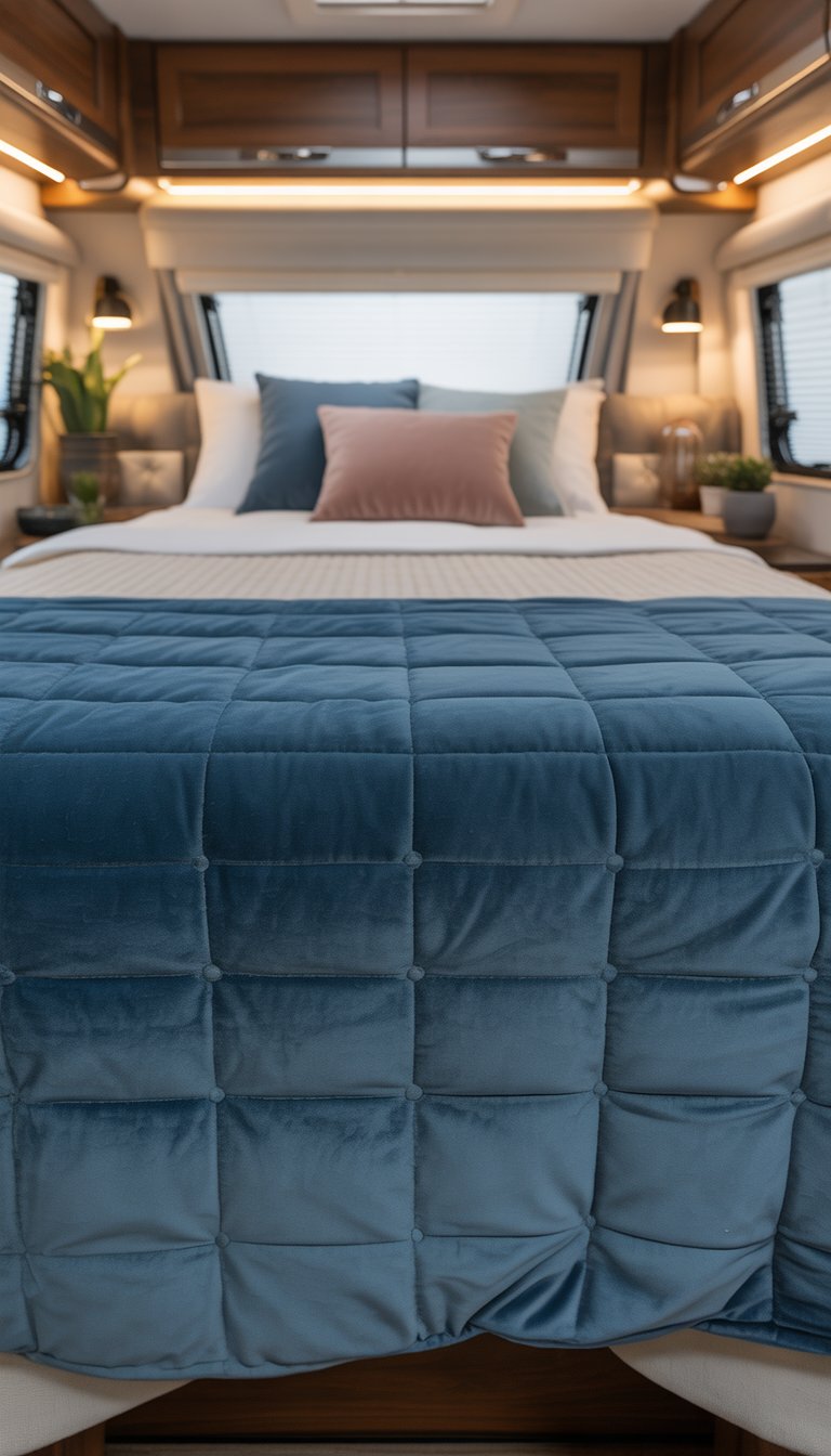 RV bedroom with a bed featuring a blue velvet headboard, white linens, and decorative pillows, surrounded by wooden cabinets and soft lighting.