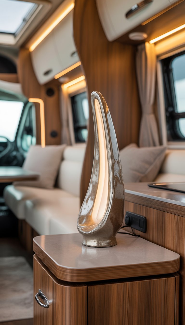 A sculptural ceramic table lamp on a wooden side table inside a well-decorated RV living area.