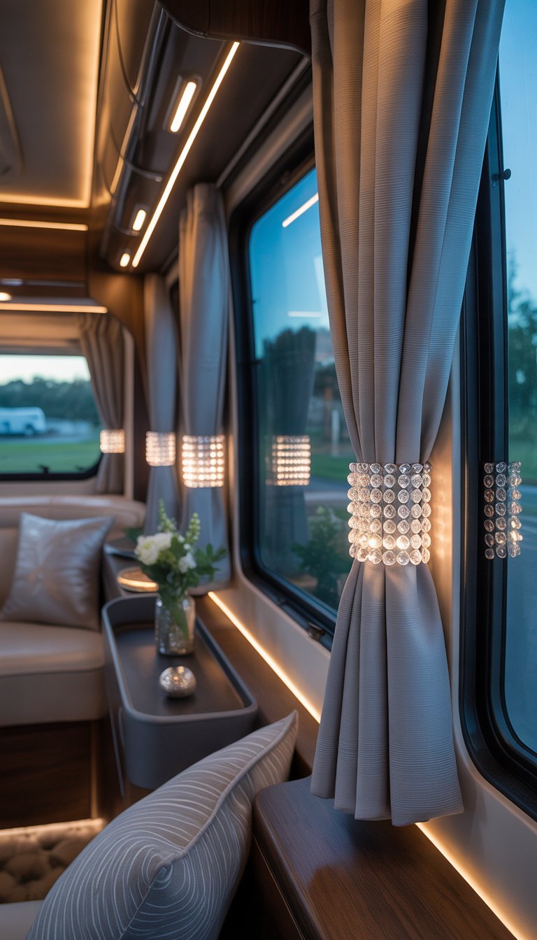 An RV interior with large windows and curtains held back by sparkling crystal tiebacks, showing a comfortable and elegant living space.