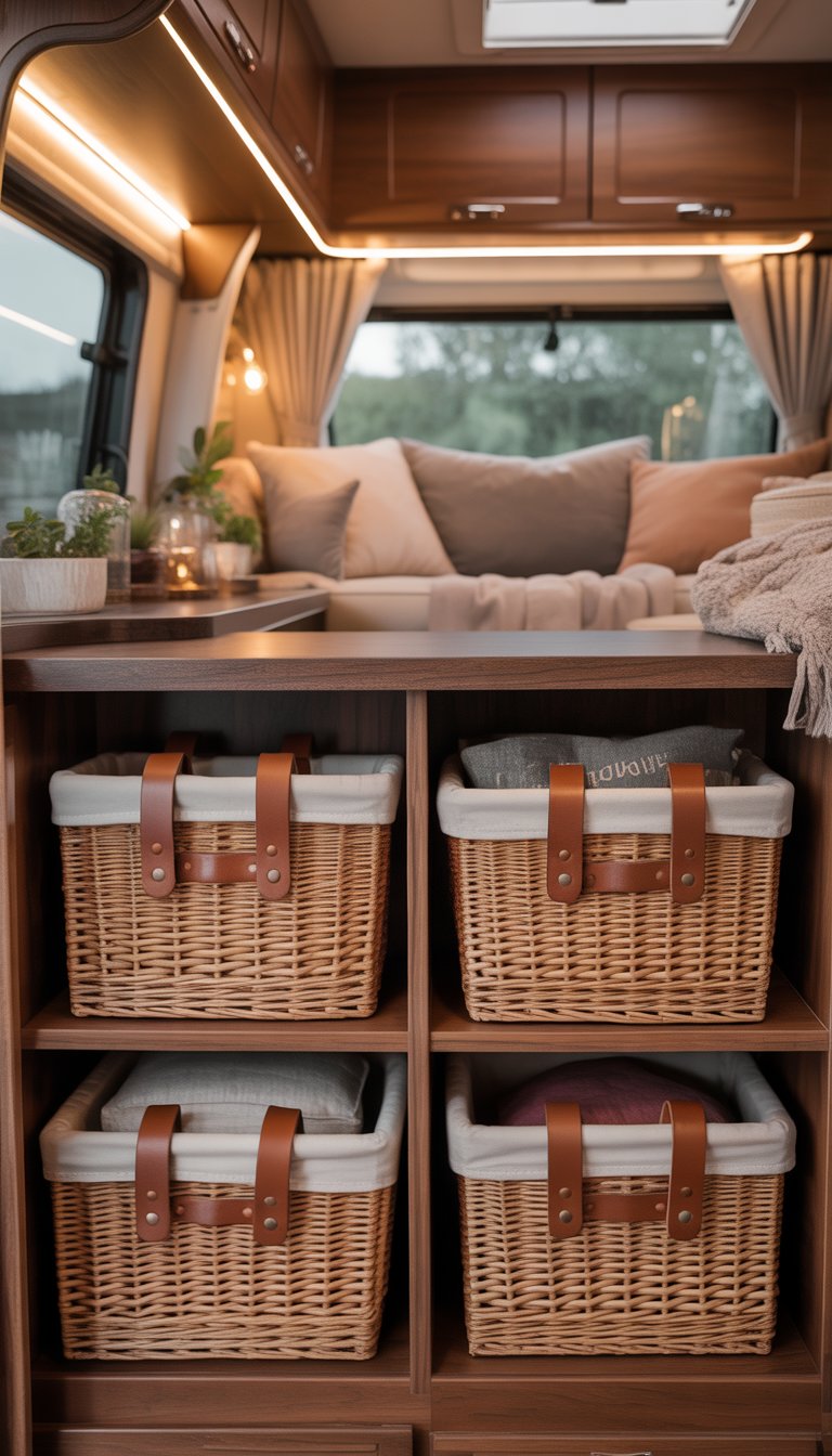 Interior of an RV with woven storage baskets featuring leather strap handles arranged on wooden shelves.