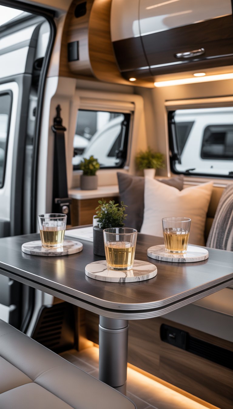 An RV interior with a wooden table featuring marble coasters holding glasses, surrounded by comfortable seating and natural light.