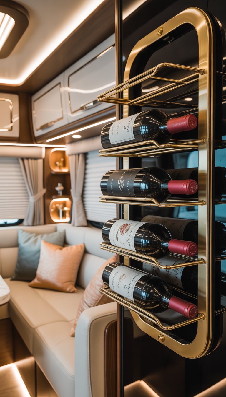 Interior of a luxurious RV with a brass mounted wine rack holding wine bottles and elegant furnishings.