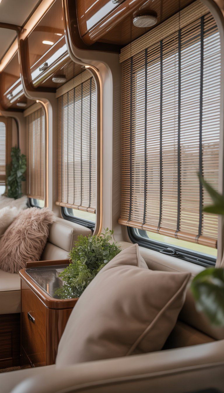 Interior of an RV living area with bamboo window shades, comfortable seating, wooden surfaces, and natural light.