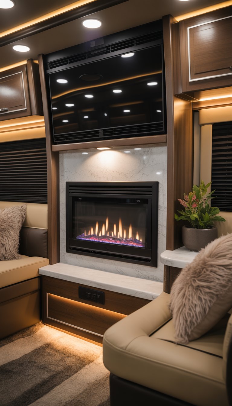 Interior of an RV living area with a gas fireplace insert surrounded by comfortable seating and decorative elements.