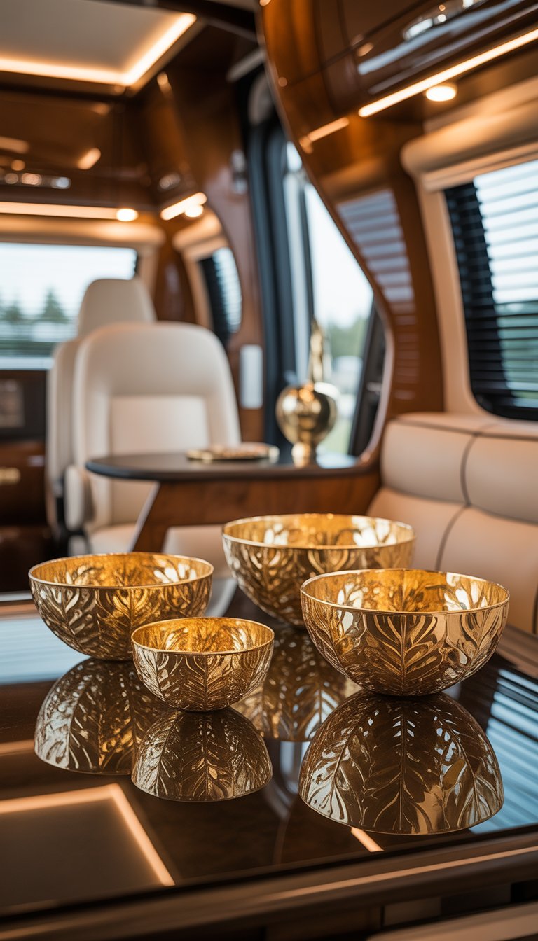 A set of gold leaf decorative bowls displayed on a wooden surface inside a stylish RV interior.