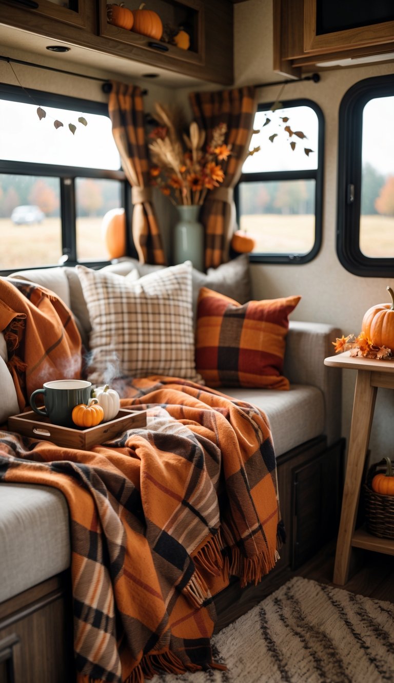 Inside a cozy RV decorated for fall with plaid throw blankets on the seats and small fall decorations on a wooden table.