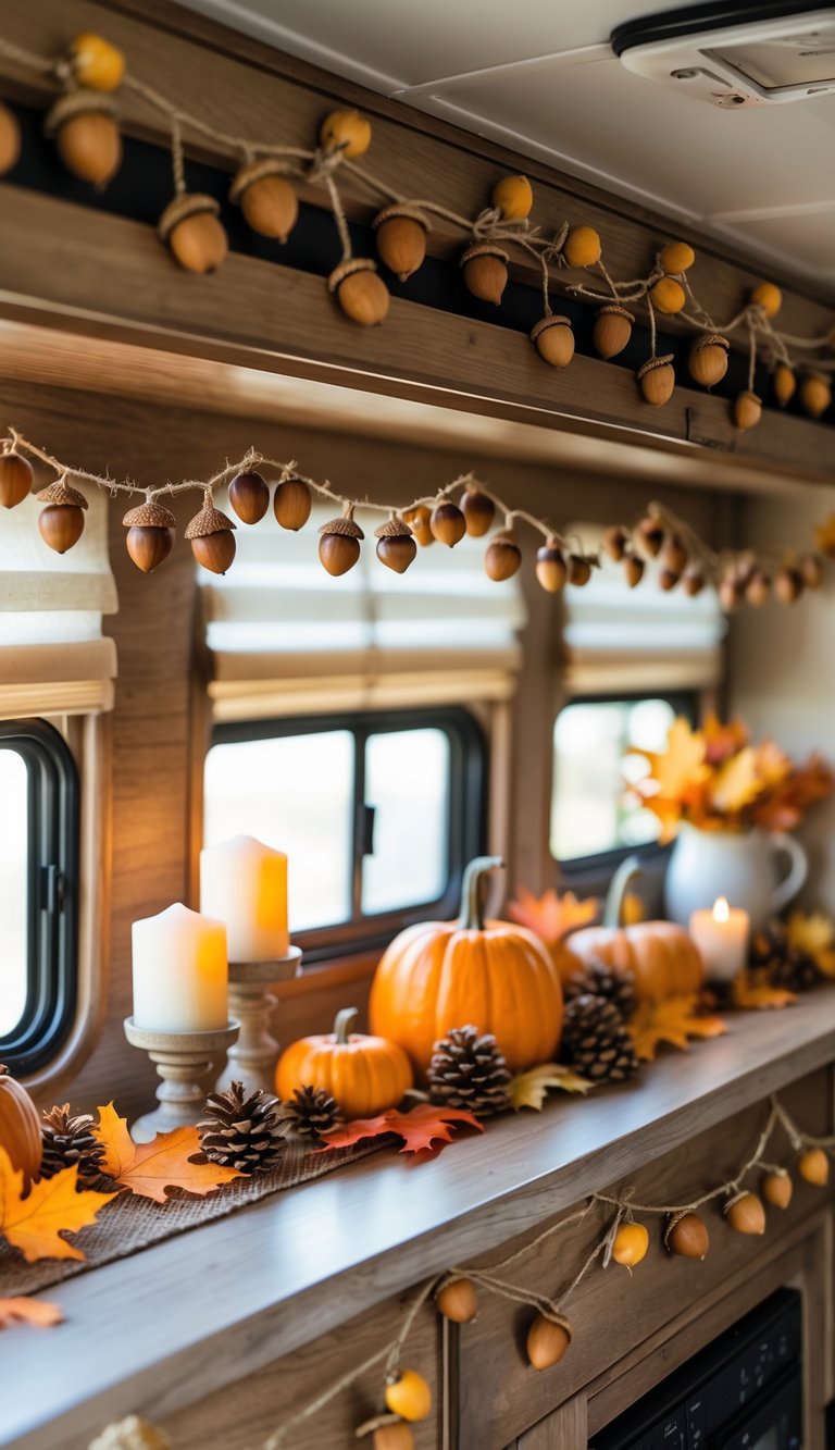 Shelves inside an RV decorated with acorn garlands, small pumpkins, pinecones, and fall leaves.