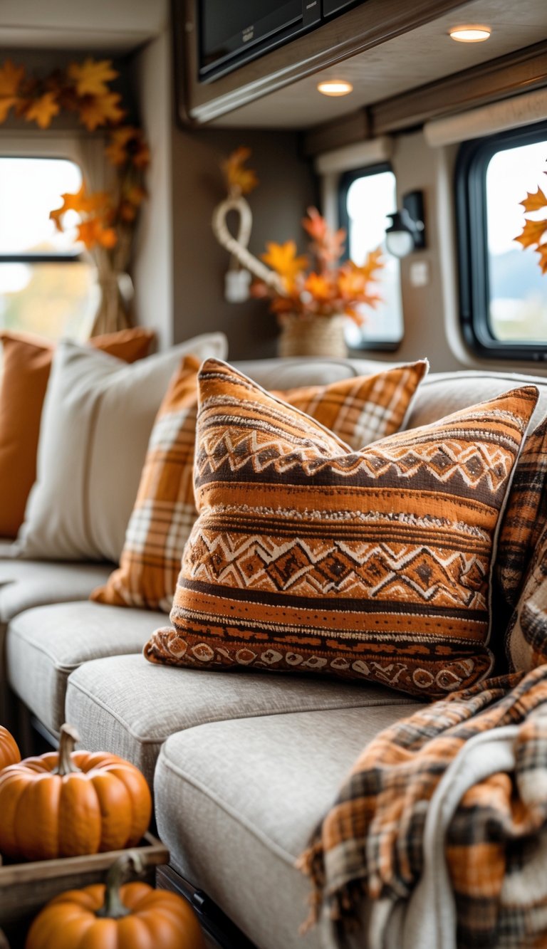 Close-up of orange and brown patterned pillows on a seating area inside an RV decorated with fall-themed accents.